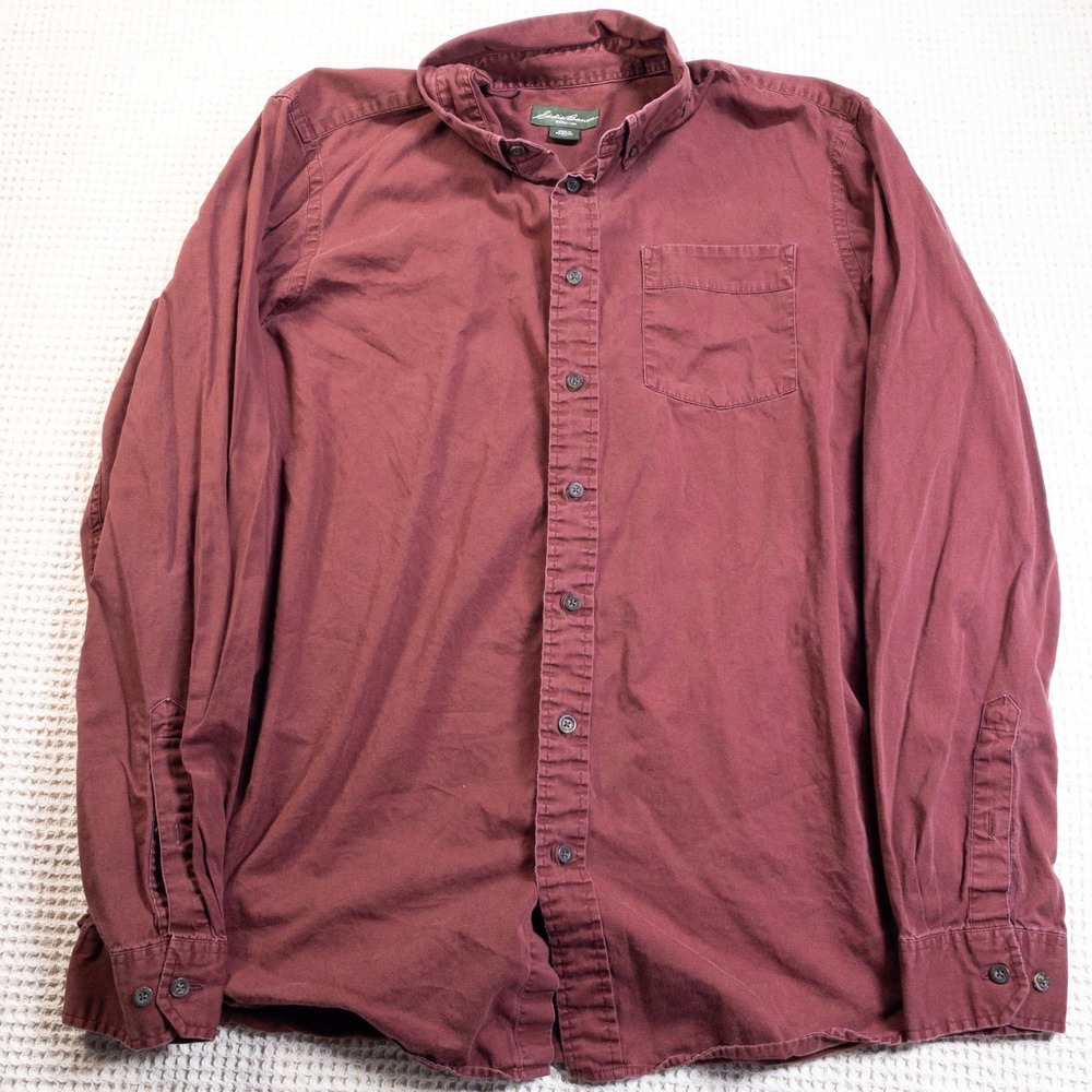 Eddie Bauer Mens XL Tall Burgundy Maroon Long Sleeve Cotton Button Down Shirt